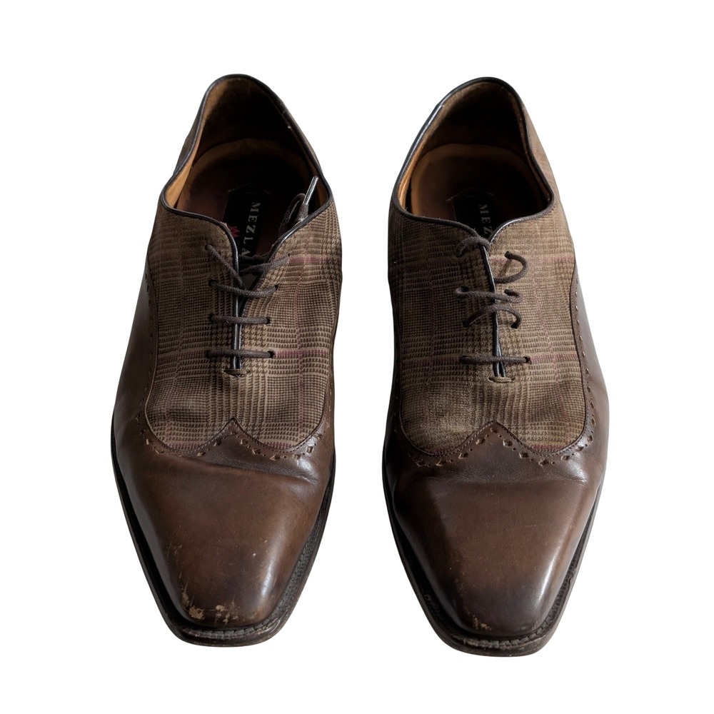 Mezlan Mens Brown Leather Glen Plaid Fabric‎ Wingtip Oxford Dress Shoes 10 M
